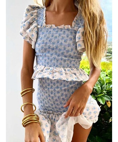 Women's Summer Two Piece Outfits Cute Floral Short Sleeve Smocked Stretchy Crop Top and Ruffle Mini Skirt Set Whiteblue $17.1...