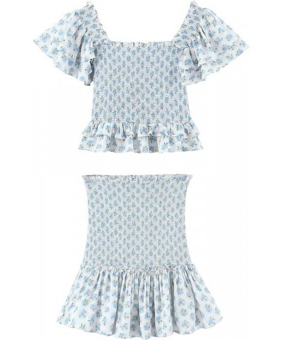 Women's Summer Two Piece Outfits Cute Floral Short Sleeve Smocked Stretchy Crop Top and Ruffle Mini Skirt Set Whiteblue $17.1...