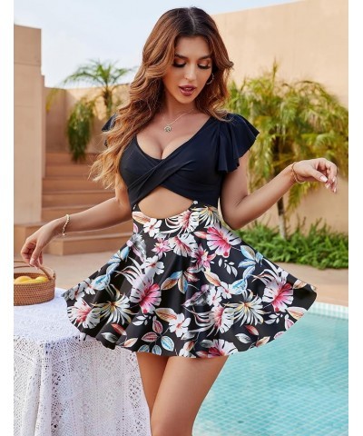 Womens One Piece Swimdress Tummy Control Swimsuit V Neck Cutout Bathing Suits Ruffle Swimwear Black and Floral $15.19 Swimsuits