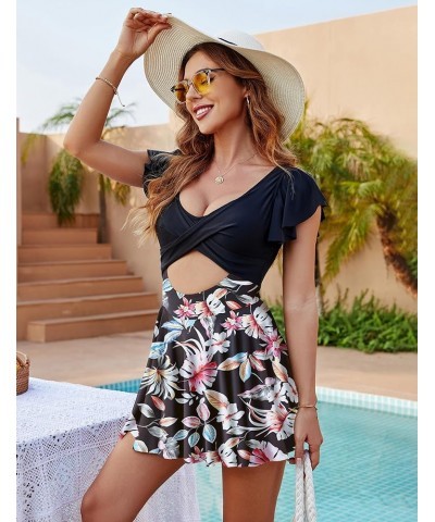 Womens One Piece Swimdress Tummy Control Swimsuit V Neck Cutout Bathing Suits Ruffle Swimwear Black and Floral $15.19 Swimsuits