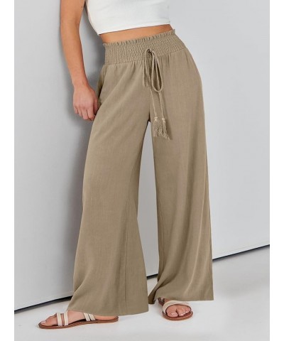 Women Linen Palazzo Pants Summer Casual Loose High Waist Wide Leg Long Lounge Pant Trousers with Pocket Light Brown $17.86 Pants