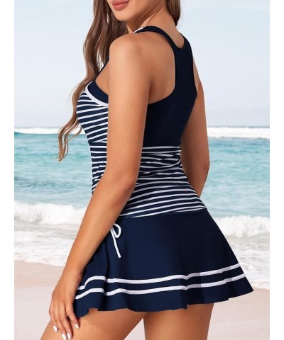 Women's Tankini Striped Vintage Swim Dress Navy $21.41 Swimsuits