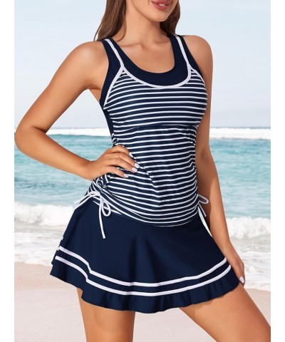 Women's Tankini Striped Vintage Swim Dress Navy $21.41 Swimsuits