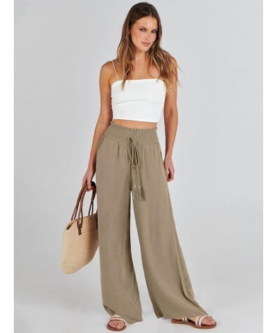 Women Linen Palazzo Pants Summer Casual Loose High Waist Wide Leg Long Lounge Pant Trousers with Pocket Light Brown $17.86 Pants