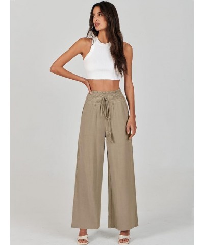 Women Linen Palazzo Pants Summer Casual Loose High Waist Wide Leg Long Lounge Pant Trousers with Pocket Light Brown $17.86 Pants