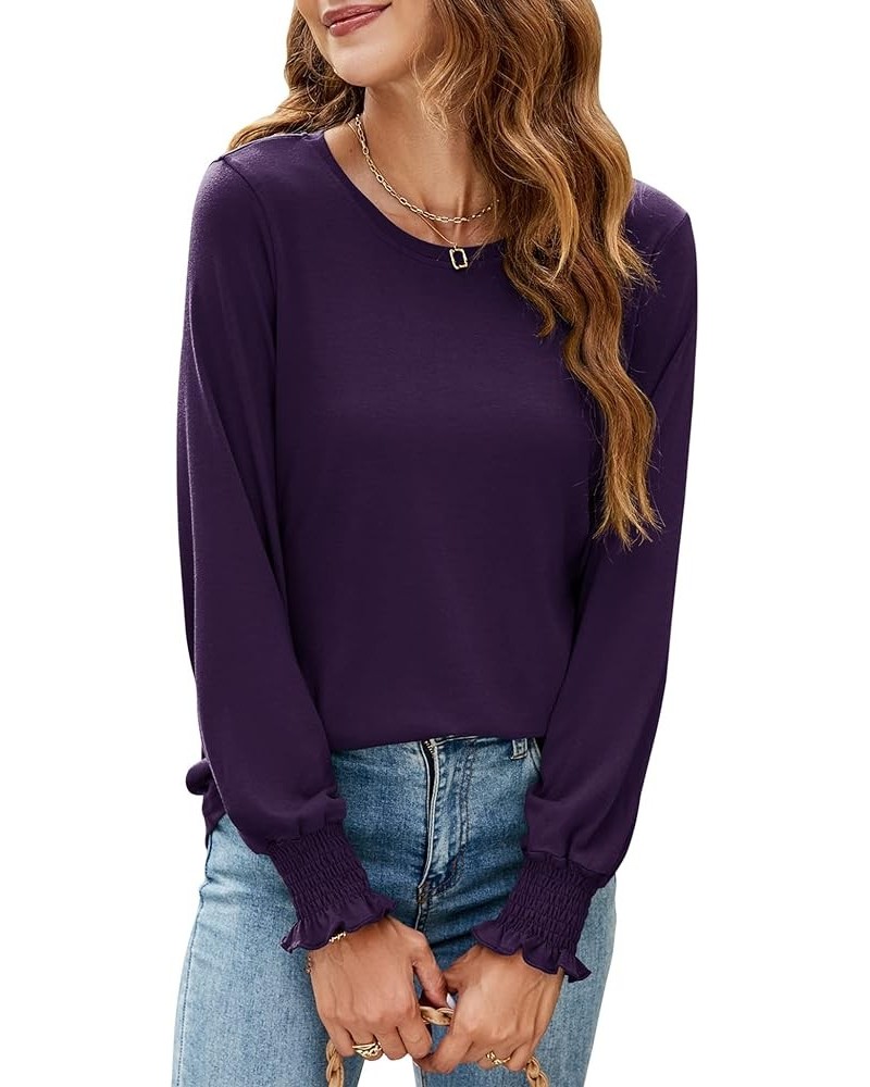 Women's Long Sleeve Tops Casual Crewneck Lantern Sleeve T Shirts with Smocked Cuff Purple $7.64 T-Shirts