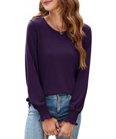 Women's Long Sleeve Tops Casual Crewneck Lantern Sleeve T Shirts with Smocked Cuff Purple $7.64 T-Shirts