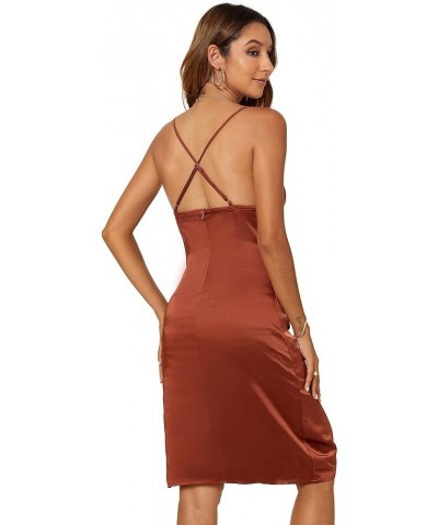 Women's Sexy Backless Spaghetti Straps Side Slit Satin Wedding Guest Dress Cowl Drape Neck Clubwear Party Dress 72061 Reddish...