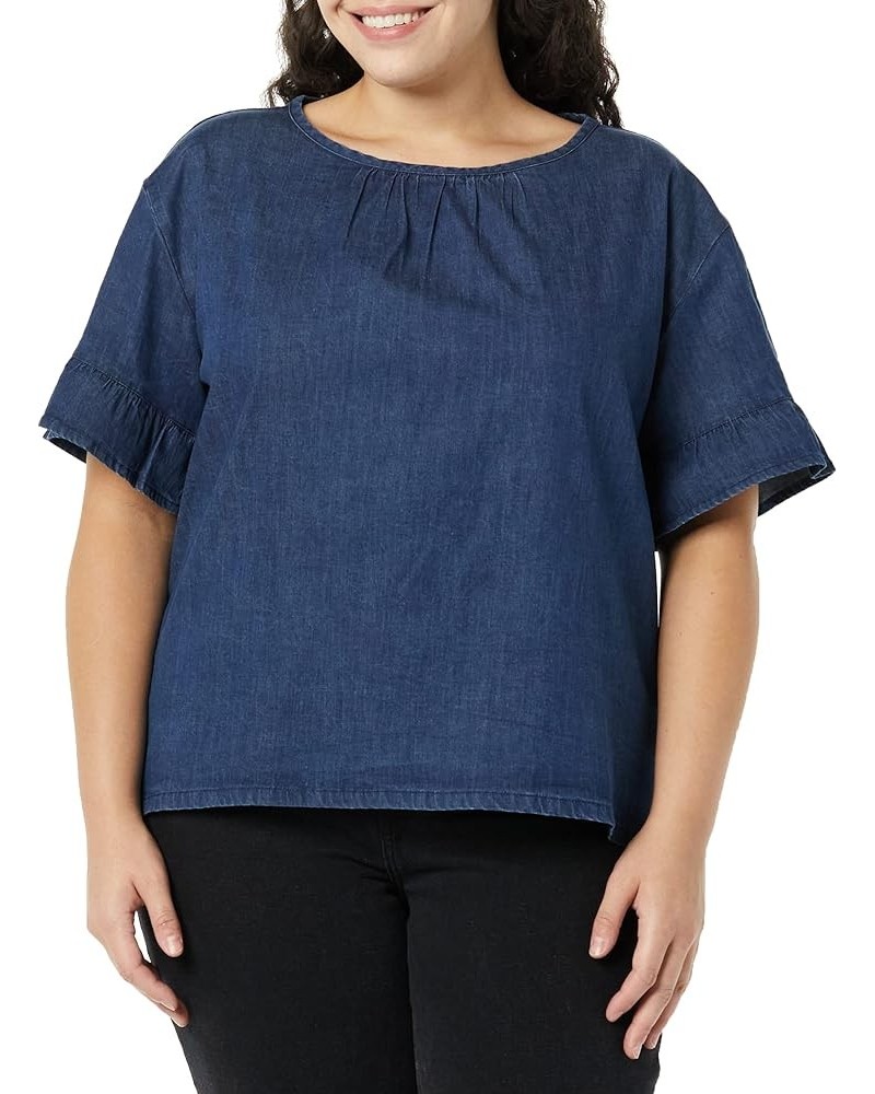 Women's Denim Relaxed Fit Sleeve Woven Shirt Indigo $15.75 Blouses