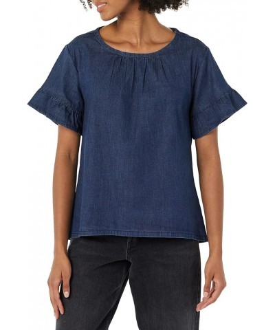 Women's Denim Relaxed Fit Sleeve Woven Shirt Indigo $15.75 Blouses