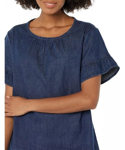 Women's Denim Relaxed Fit Sleeve Woven Shirt Indigo $15.75 Blouses