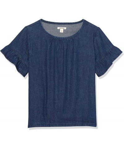 Women's Denim Relaxed Fit Sleeve Woven Shirt Indigo $15.75 Blouses