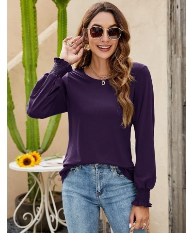 Women's Long Sleeve Tops Casual Crewneck Lantern Sleeve T Shirts with Smocked Cuff Purple $7.64 T-Shirts