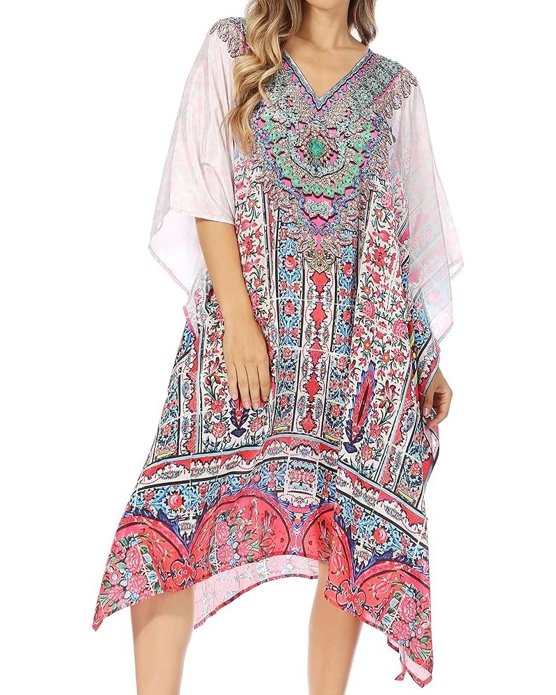 Miui Ligthweight Rhinestone V Neck Printed Short Caftan Dress/Cover Up Fow210-white $33.62 Swimsuits