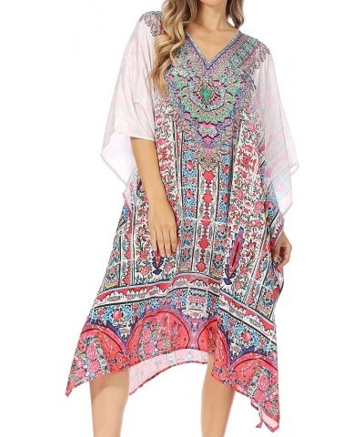 Miui Ligthweight Rhinestone V Neck Printed Short Caftan Dress/Cover Up Fow210-white $33.62 Swimsuits