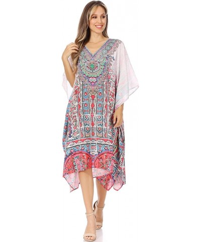 Miui Ligthweight Rhinestone V Neck Printed Short Caftan Dress/Cover Up Fow210-white $33.62 Swimsuits