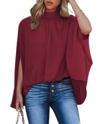 Women's Batwing Sleeve Chiffon Blouse Mock Neck Cape Blouse Shirt Top Wine $12.18 Blouses