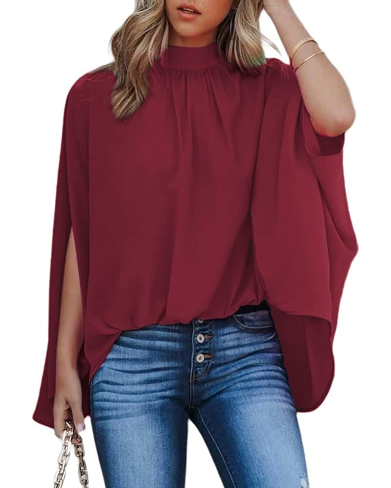 Women's Batwing Sleeve Chiffon Blouse Mock Neck Cape Blouse Shirt Top Wine $12.18 Blouses