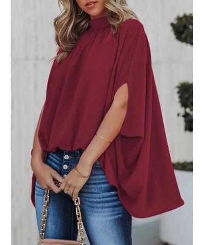 Women's Batwing Sleeve Chiffon Blouse Mock Neck Cape Blouse Shirt Top Wine $12.18 Blouses