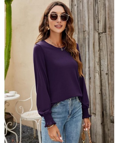 Women's Long Sleeve Tops Casual Crewneck Lantern Sleeve T Shirts with Smocked Cuff Purple $7.64 T-Shirts