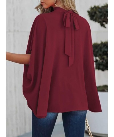 Women's Batwing Sleeve Chiffon Blouse Mock Neck Cape Blouse Shirt Top Wine $12.18 Blouses