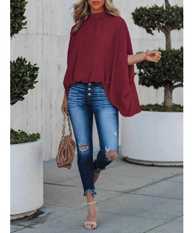 Women's Batwing Sleeve Chiffon Blouse Mock Neck Cape Blouse Shirt Top Wine $12.18 Blouses