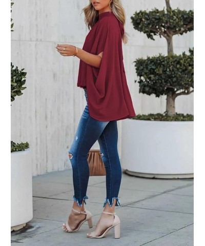 Women's Batwing Sleeve Chiffon Blouse Mock Neck Cape Blouse Shirt Top Wine $12.18 Blouses