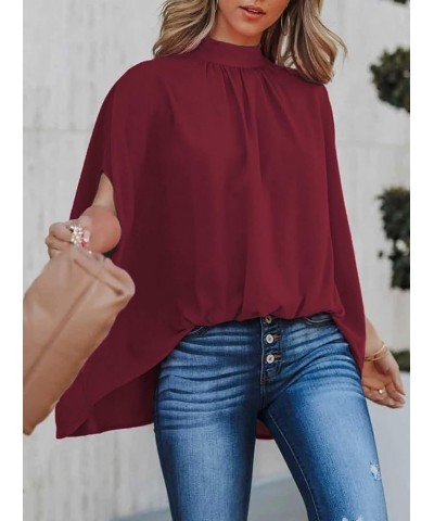 Women's Batwing Sleeve Chiffon Blouse Mock Neck Cape Blouse Shirt Top Wine $12.18 Blouses