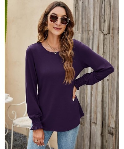 Women's Long Sleeve Tops Casual Crewneck Lantern Sleeve T Shirts with Smocked Cuff Purple $7.64 T-Shirts