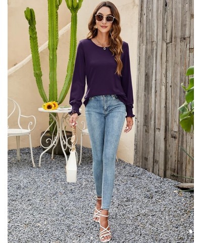 Women's Long Sleeve Tops Casual Crewneck Lantern Sleeve T Shirts with Smocked Cuff Purple $7.64 T-Shirts