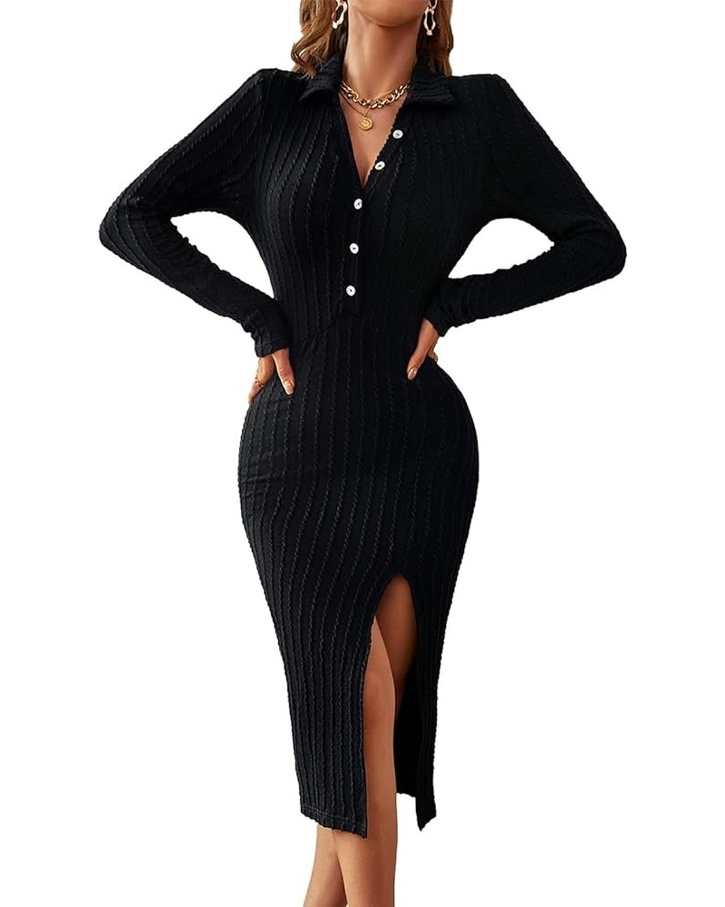 Womens Sexy Long Sleeve Knit Dresses Deep V Neck Lapel Button Up Midi Bodycon Black $17.48 Dresses