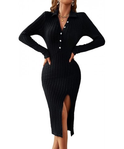 Womens Sexy Long Sleeve Knit Dresses Deep V Neck Lapel Button Up Midi Bodycon Black $17.48 Dresses