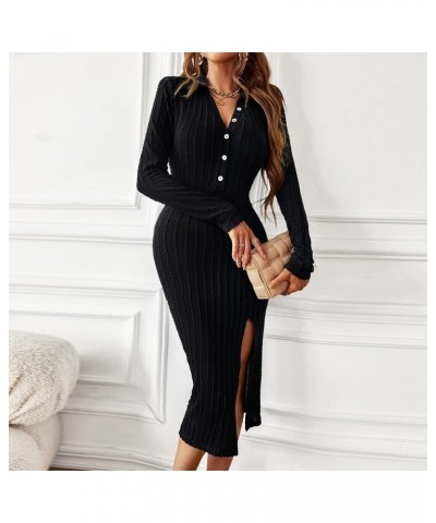 Womens Sexy Long Sleeve Knit Dresses Deep V Neck Lapel Button Up Midi Bodycon Black $17.48 Dresses