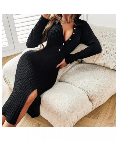 Womens Sexy Long Sleeve Knit Dresses Deep V Neck Lapel Button Up Midi Bodycon Black $17.48 Dresses