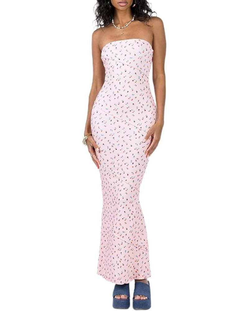 Women Summer Floral Strapless Maxi Tube Dress Sexy Backless Ruched Ruffled Bodycon Party Club Long Dresses Floral Pink $10.50...