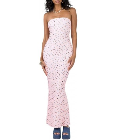 Women Summer Floral Strapless Maxi Tube Dress Sexy Backless Ruched Ruffled Bodycon Party Club Long Dresses Floral Pink $10.50...