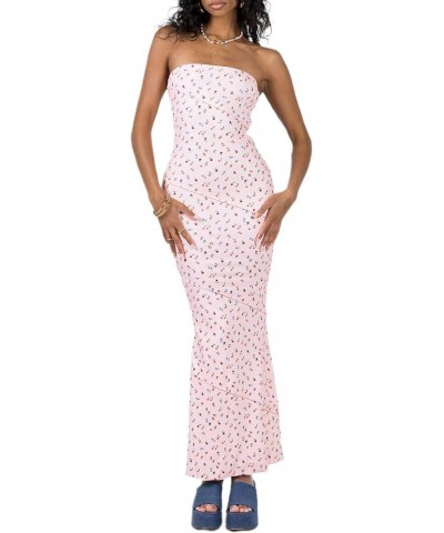 Women Summer Floral Strapless Maxi Tube Dress Sexy Backless Ruched Ruffled Bodycon Party Club Long Dresses Floral Pink $10.50...