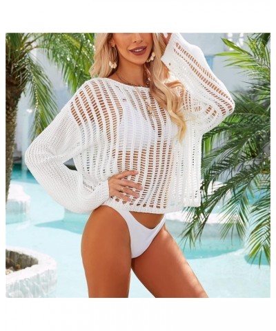 Crochet Cover Ups for Women Sexy Hollow Out Long Sleeve Beach Swimsuit Cover Up White $14.55 Swimsuits