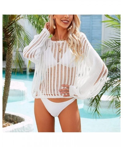 Crochet Cover Ups for Women Sexy Hollow Out Long Sleeve Beach Swimsuit Cover Up White $14.55 Swimsuits