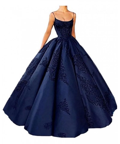 Women's Spaghetti Straps Embroidery Quinceanera Dresses Ball Gown A-Line Long Satin Prom Dress with Pocket CR-01 Navy Blue $6...