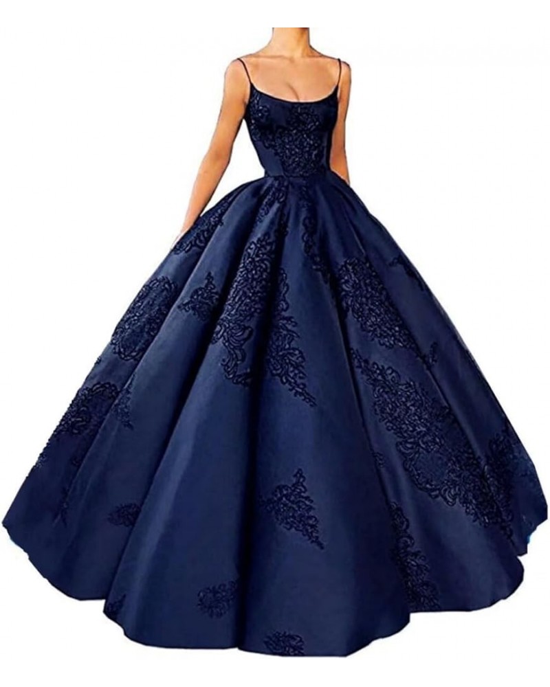 Women's Spaghetti Straps Embroidery Quinceanera Dresses Ball Gown A-Line Long Satin Prom Dress with Pocket CR-01 Navy Blue $6...