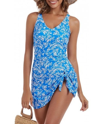 One Piece Swim Dress Swimsuits for Women Tummy Control Swimdress Skirt Bathing Suit Blue Floral Print $25.07 Swimsuits