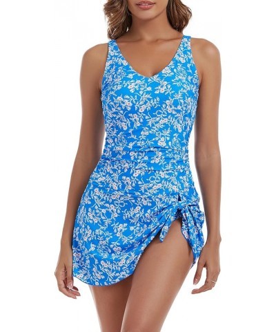 One Piece Swim Dress Swimsuits for Women Tummy Control Swimdress Skirt Bathing Suit Blue Floral Print $25.07 Swimsuits