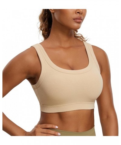 Ribbed Sports Bras for Women - U Back Wireless Medium Impact Sports Bra Padded Yoga Workout Bra Tan Milkshake $21.09 Lingerie