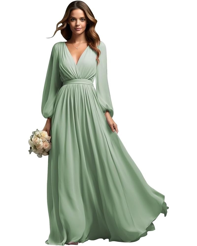 Long Sleeve Bridesmaid Dresses for Wedding Chiffon Pleated V-Neck Empire Waist Formal Dress Sage Green $42.39 Dresses