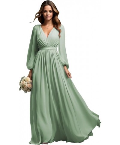 Long Sleeve Bridesmaid Dresses for Wedding Chiffon Pleated V-Neck Empire Waist Formal Dress Sage Green $42.39 Dresses