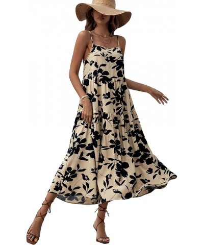 Women's Floral Print Ruffle Hem Sleeveless A Line Swing Cami Long Dress Khaki $18.04 Dresses