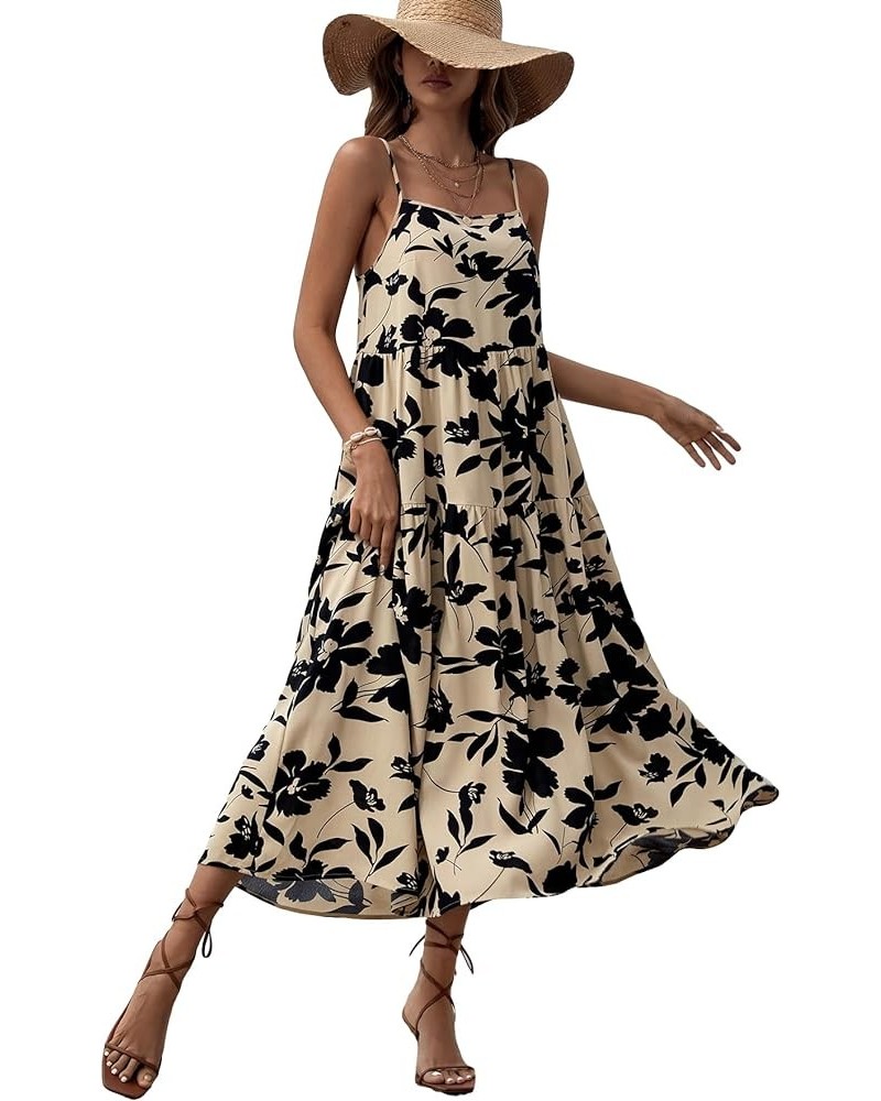 Women's Floral Print Ruffle Hem Sleeveless A Line Swing Cami Long Dress Khaki $18.04 Dresses