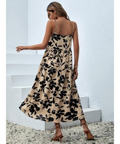 Women's Floral Print Ruffle Hem Sleeveless A Line Swing Cami Long Dress Khaki $18.04 Dresses