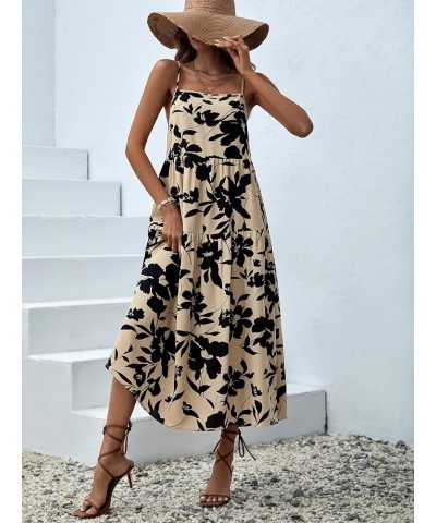 Women's Floral Print Ruffle Hem Sleeveless A Line Swing Cami Long Dress Khaki $18.04 Dresses